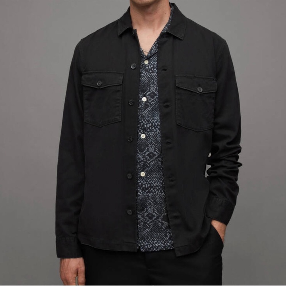 AllSaints Spotter Cotton Button Down Shirt Black Western Military Shacket-XS